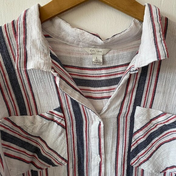Cest 1946 Blouse Womens Large Striped Button Front Collared Hi Lo Hem Pleated - Picture 5 of 9